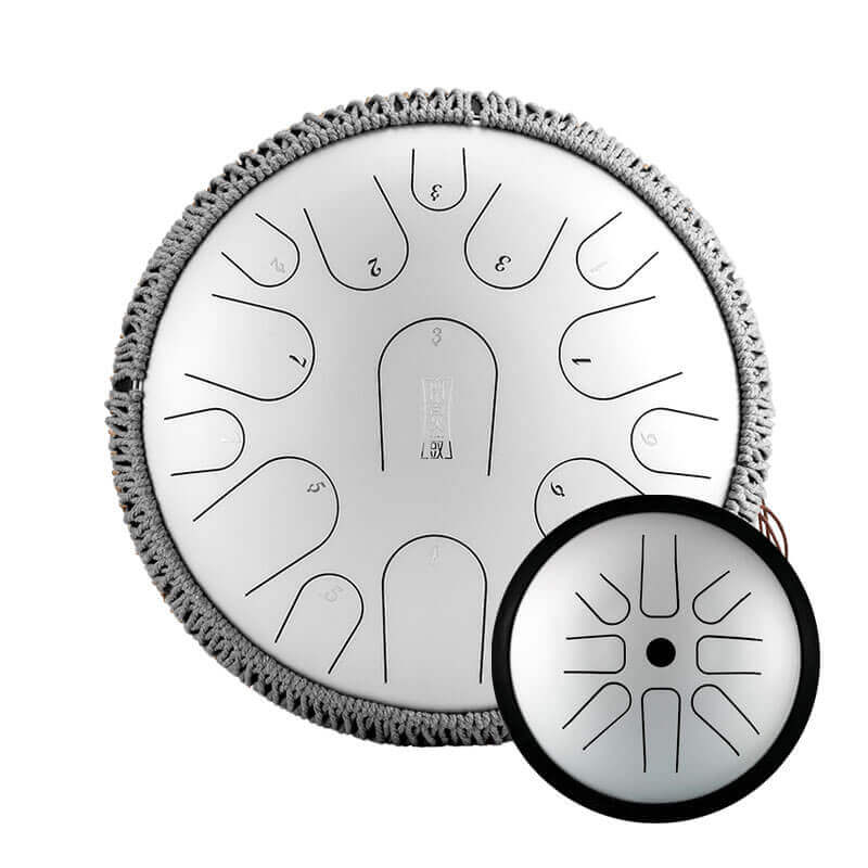 Buy One Get One Free - HLURU Tongue Drum Flagship Duo - Pearl Paint Titanium Steel 14" 15 Note Flagship + 6" 8 Note High Pitch Extension Tongue Drum [Engravable]