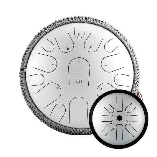 Buy One Get One Free - HLURU Tongue Drum Flagship Duo - Pearl Paint Titanium Steel 14" 15 Note Flagship + 6" 8 Note High Pitch Extension Tongue Drum [Engravable]