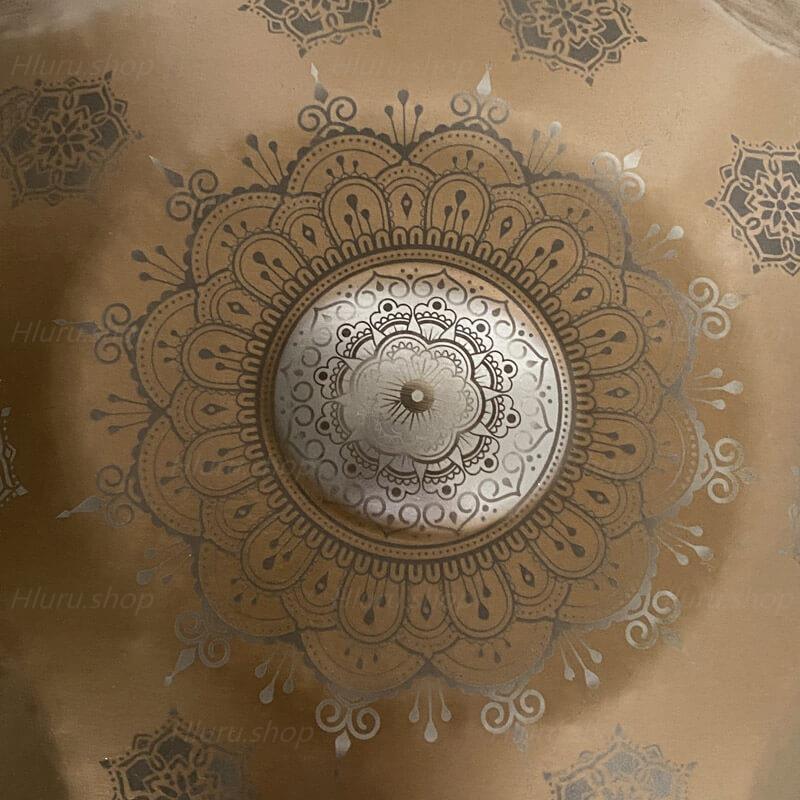 MiSoundofNature Royal Garden Stainless Steel HandPan Drum D Minor Amara/Celtic Scale 22 In 9 Notes, Available in 432 Hz and 440 Hz - Gold-plated Sound Area, Laser engraved Mandala pattern. Never fade.