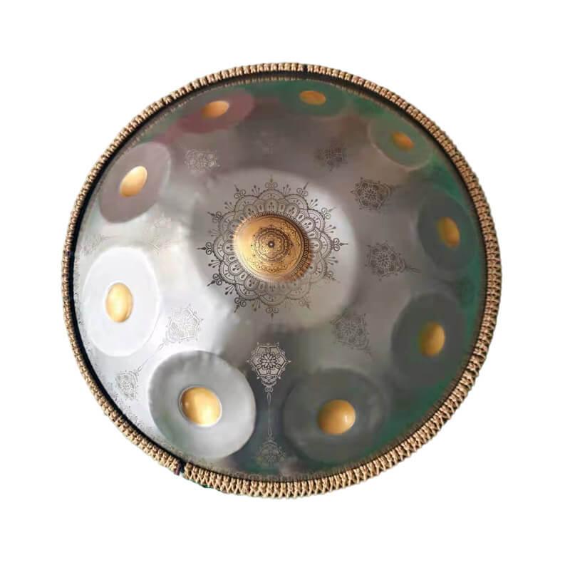 MiSoundofNature Royal Garden Customized Stainless Steel HandPan Drum D Minor Hijaz Scale 22 Inches 9/10/12 Notes, Available in 432 Hz and 440 Hz - Gold-plated Sound Area, Laser engraved Mandala pattern. Never fade. - HLURU.SHOP