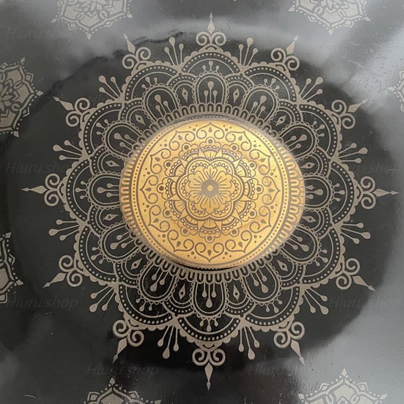 MiSoundofNature Royal Garden Customized Nitride Steel HandPan Drum C# Annaziska Scale 22 In 9 Notes, Available in 432 Hz and 440 Hz - Gold-plated Sound Area, Laser engraved Mandala pattern. Never fade.