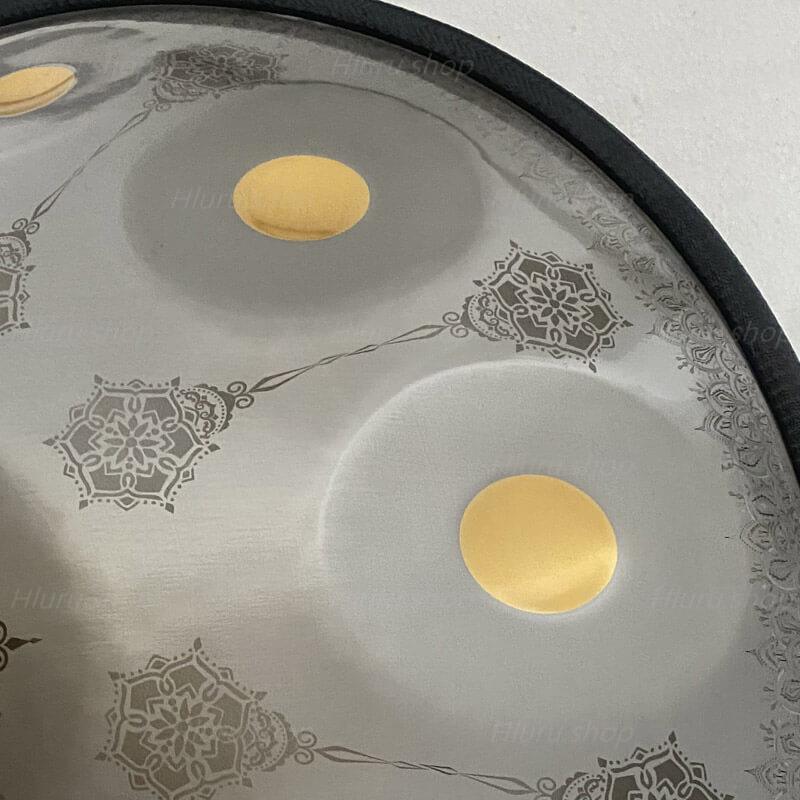 MiSoundofNature Royal Garden Stainless Steel HandPan Drum D Minor Amara Scale 22 In 9 Notes, Available in 432 Hz and 440 Hz - Gold-plated Sound Area, Laser engraved Mandala pattern. Never fade. - HLURU.SHOP